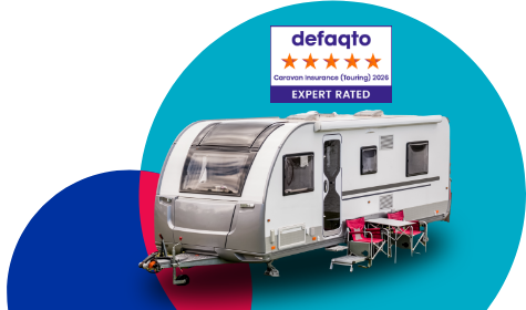 Caravan with table and chairs set up outside