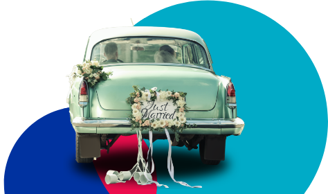 Classic car with marrying partners inside with flowers and just married on the back
